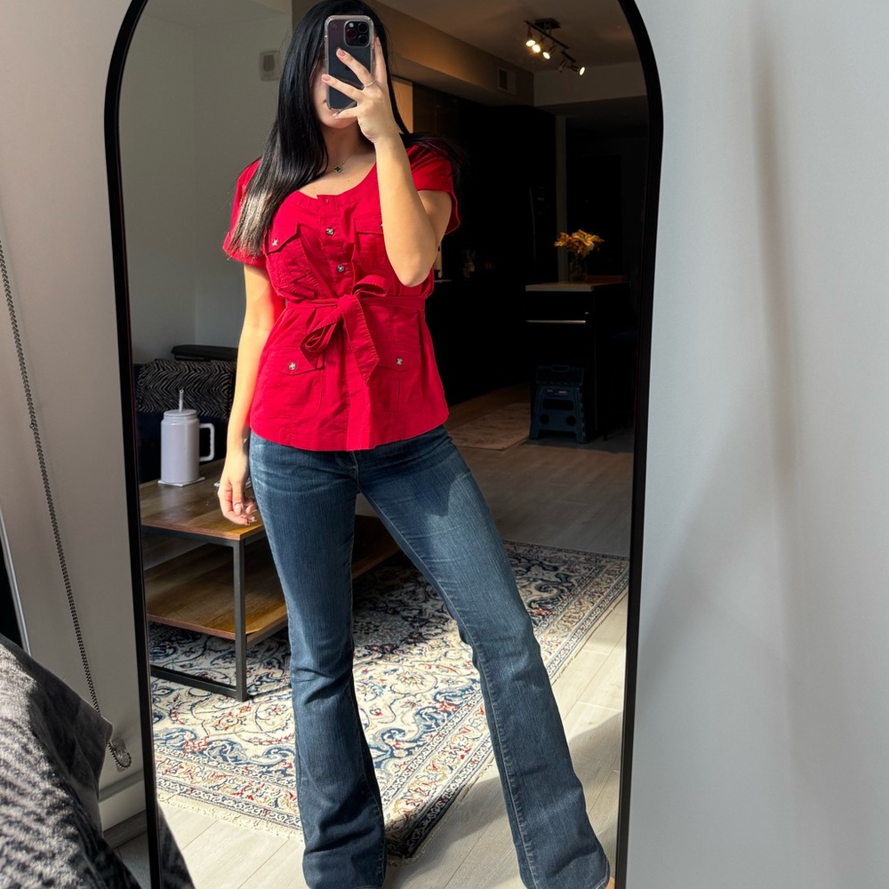 Red Button Down Casual Top